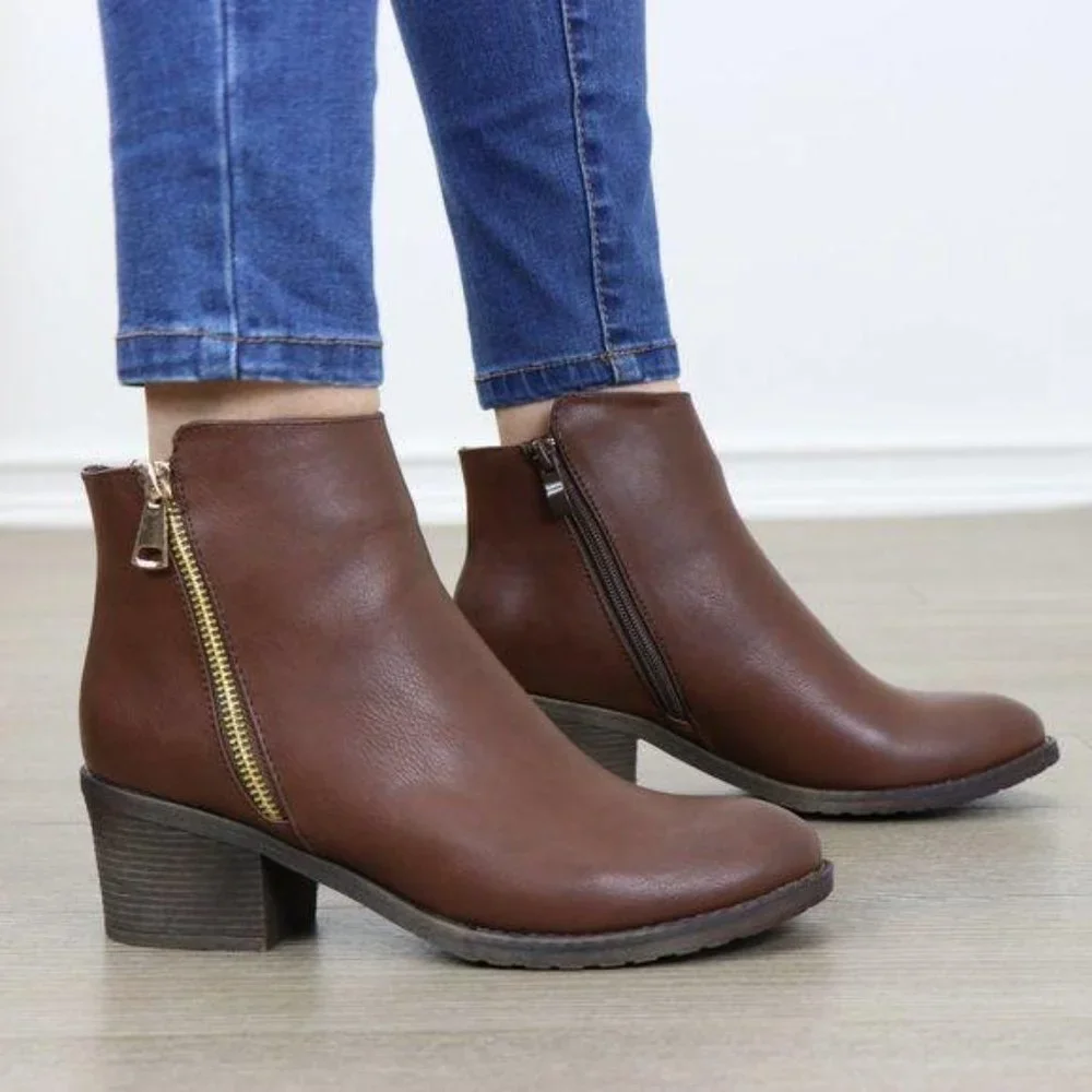 Brown Faux Leather Ankle Boots W/ Gold Zipper Block Heel - Picture 6 of 8